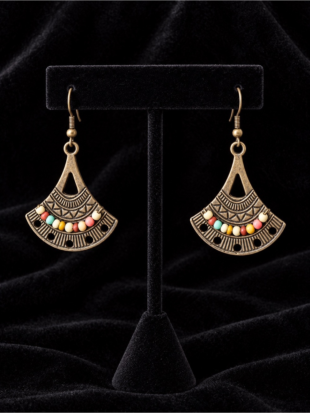 Boho Fan-Shaped Metal Dangle Earrings with Multicolor Beads